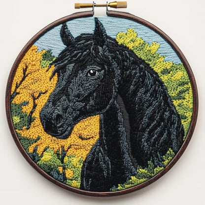 DIY Punch Needle Kits Cartoon Black Horse and Tree with Hoop 20x20cm-1 - color: 14-Black Horse
