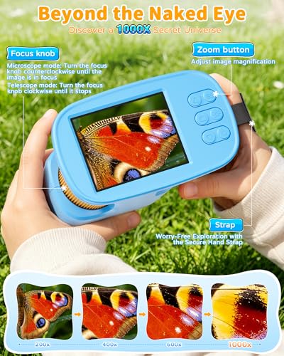 1000X Kids Handheld Microscope, 4K Digital Mini Pocket Digital Microscope with 2.4" IPS Screen, Built-in Camera & 12 Prepared Slides, STEM Educational Toy, Birthday Gift for Boys & Girls Ages 3–12 - color: Blue