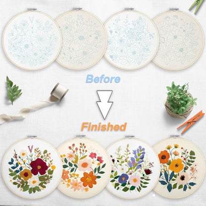 Bonroy Embroidery Kit for Beginners with Instructions,Cross Stitch Kits for Adults with Pattern,Needlepoint Kits for Adult Include Embroidery Cloth Hoops Needles Threads (flowers2) - color: flowers2