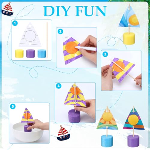 Soulchen 36 Pcs DIY Boat Craft Kit Coloring Paper Craft Kit DIY Paper Sailboat Crafts Set with Foam Noodles Dowels for Summer Activities Camp Birthday Carnival Party Gifts