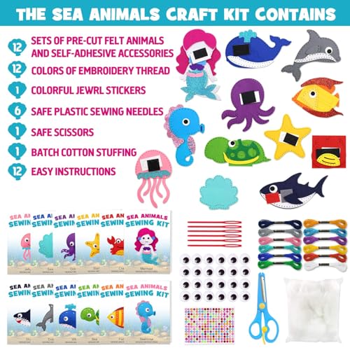 CiyvoLyeen Sea Animals Sewing Kit Mermaid DIY Felt Plush Craft Kit Make Your Own Ocean Animals Gifts for Beginner Boys and Girls Educational Kids Art Craft Supplies Set of 12 - color: Ocean-12 Pcs