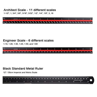 OwnMy 3 Pack 12 Inch Solid Aluminum Triangular Architect Scale Ruler Set