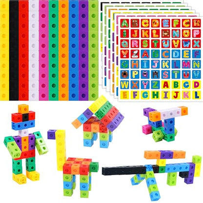 100 Math Linking Cubes, Math Cubes with 384 Reusable Stickers-Letters, Numbers, Shapes, Manipulative Geometric Connecting and Counting Blocks, Educational Toy for Kids Math Learning and Fun Activities - style: 100-Cubes+ 384 Letters Stickers