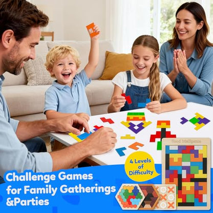 4 Pack Wooden Hexagon Puzzle, STEM Logic IQ Travel Game for Kids Adults - style: Puzzle Set- 4 Pack