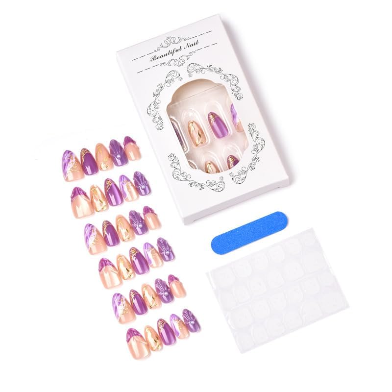 Almond Press on Nails Short Purple Fake Nail3D Charm Acrylic Nail Press ons with Gold Embossed Design Stick on Nails for Women 24pcs - color: Color11