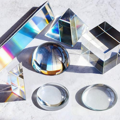 7 PCS K9 Optical Crystal Prism & Lens Set, 50mm Cube/Pyramid/Dome/Right-Angle/150mm Equilateral Prism, Biconvex/Biconcave Lens, for Photography Teaching Entertainment