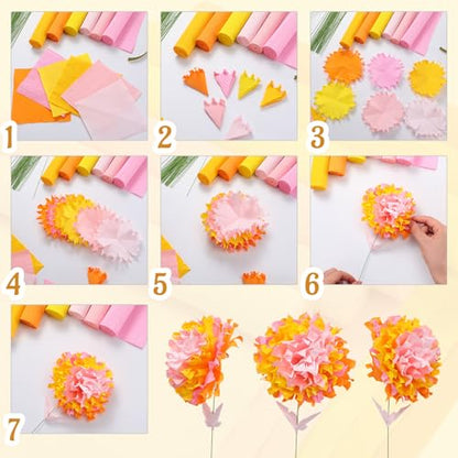 Gersoniel 57 Pcs Crepe Paper DIY Kit for Flower Making, Pink and Yellow - color: Pink and Yellow