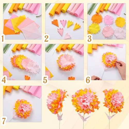 Gersoniel 57 Pcs Crepe Paper DIY Kit for Flower Making, Pink and Yellow - color: Pink and Yellow