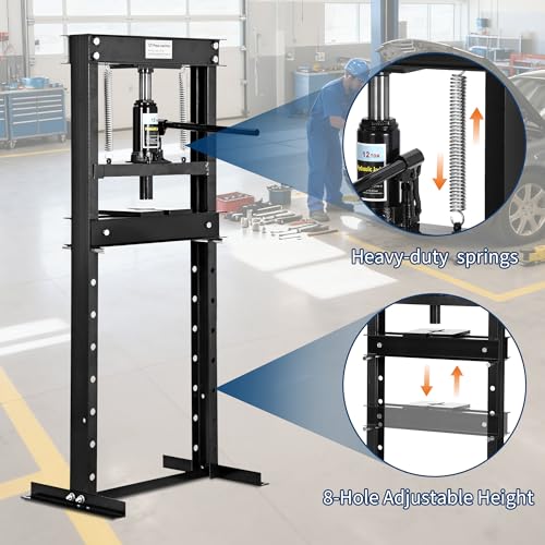 12 Ton h Frame Hydraulic Shop Press, Heavy Duty Garage Floor Press with Adjustable Height, Built in Relief Valve, Professional Grade Car Repair Tool for Bending Straightening Bearings u Joints,Black - size: 12 Ton