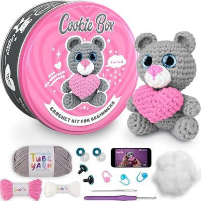 Cookie Box Crochet Kit for Beginners, Bear Ted - color: Gray and Pink