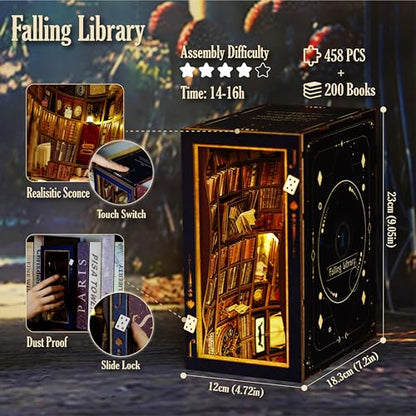 DIY Book Nook Kit, Alice in Wonderland, Dollhouse Miniature, Booknook Bookshelf Insert Alley 3D Wooden Puzzle, Bookends Model Building Kit, Gift for Teens and Adults, Falling Library - color: B-falling Library
