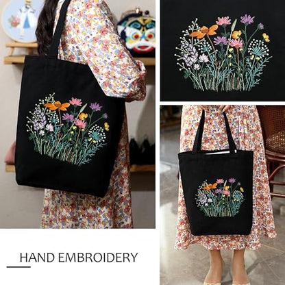 Canvas Tote Bag Embroidery Kit with Pattern, Beginner Embroidery Kits for Adults, Arts and DIY Crafts Embroidery Starter kit, Include Stamped Embroidery Bag, Embroidery Hoops, Color Threads and Tool. - color: Black With Floral