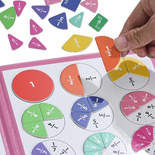 Magnetic Fraction Educational Puzzle with Fraction Tiles & Circles, Math Manipulatives Montessori Learning Toys to Help Kids Learn Fractions and Build Early Math Skills (Pink) - style: Pink