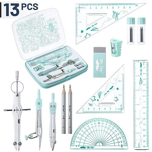 Mr. Pen- Geometry Set, 13 pcs, 3 Metal Compasses, Protractor, 6" Ruler | 45° & 30°/60° Set Squares, Pencils, Lead Refills, Sharpener & Eraser for Math, Drafting & Classroom Use - color: Green