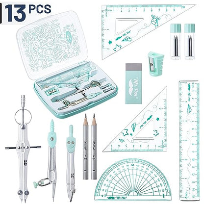 Mr. Pen- Geometry Set, 13 pcs, 3 Metal Compasses, Protractor, 6" Ruler | 45° & 30°/60° Set Squares, Pencils, Lead Refills, Sharpener & Eraser for Math, Drafting & Classroom Use - color: Green