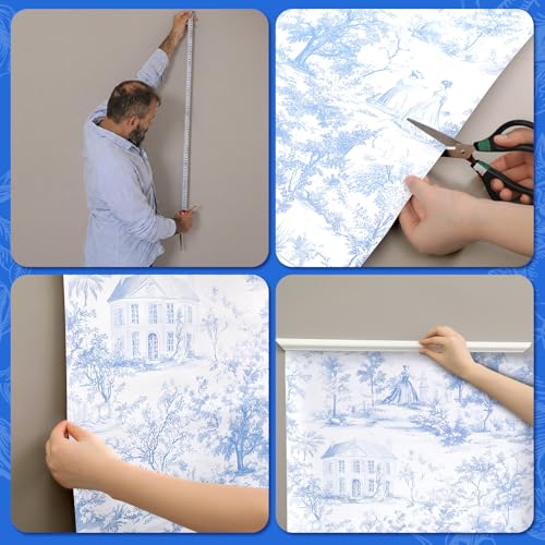 Pangda 3 Set Peel and Stick Wall Molding Kit 54 x 24 in 3D Pre Cut Accent Molding Wainscoting Panel with 24 in x 20 ft Blue and White Toile Wallpaper and 8 Pcs Smoothing Tool Kit Trim DIY Walls Decor