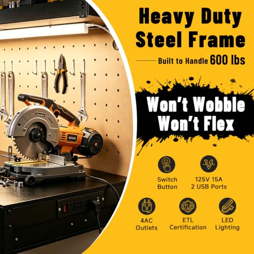 Pterying Garage Workbench with LED Light Bar, Pegboard, 2 Drawers