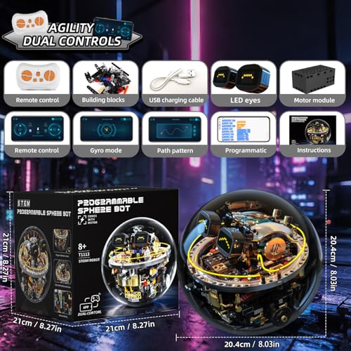STEM Robot Building Kit for Kids Ages 8-14, 804 PCS Remote & APP Control Spherical Robotics Toy with LED Expressions & Cyberpunk Lights, Programmable Rolling Technic Coding Set, Gift for Boys & Girls