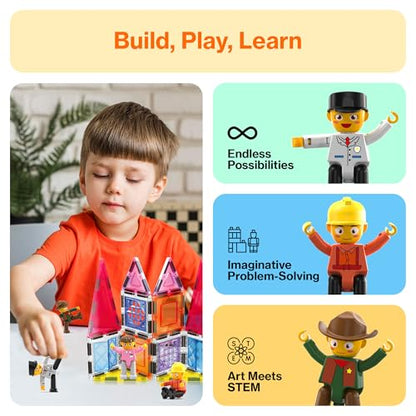 PicassoTiles Profession Character Action Figures Toddler Toy Set Pretend Play Magnet Expansion Pack Add-on STEM Construction Building Block Tile PTA02 - color: 4 Pcs Profession