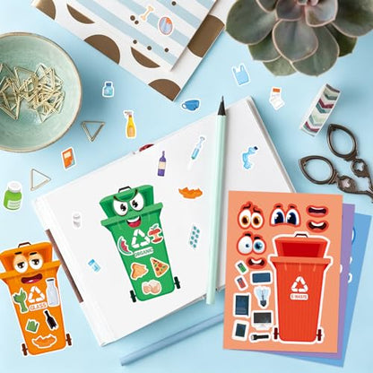 24 Sheets Recycling Bin Make a Face Sticker, Make Your Own Trash Bin Stickers Mix and Match Sticker for Home School Classroom Crafts Activities Reward Birthday Party Favors - style: Trash Sorting