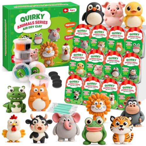 Kasfalci Air Dry Clay Kit for Kids, 12 Animals Modeling Magic Clay Sculpting Set, DIY Party Favors Arts & Crafts for Kids Ages 4-6-8-12, Ultra Light & Soft, Safe & Non-Stick with Tools & Tutorials