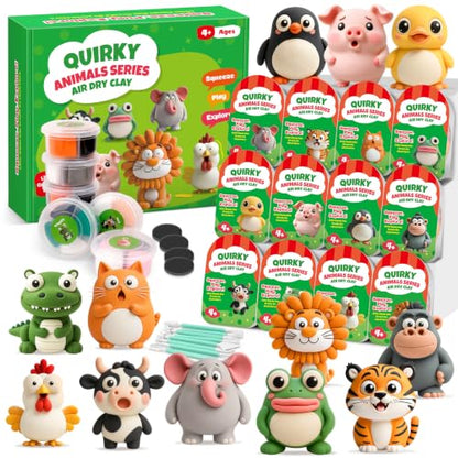 Kasfalci Air Dry Clay Kit for Kids, 12 Animals Modeling Magic Clay Sculpting Set, DIY Party Favors Arts & Crafts for Kids Ages 4-6-8-12, Ultra Light & Soft, Safe & Non-Stick with Tools & Tutorials