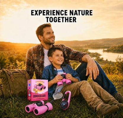 Binoculars for Kids – Perfect Toy for Little Boys and Girls – Extensive Set Incl. Magnifying Glass & Compass – Powerful Magnification 8X21 – 3 to 12 Year Old Kids for Toddler - color: Pink