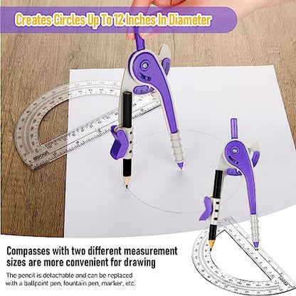 Eboot Student Geometry Math Set, Drawing Compass and 6 in, Purple - color: Purple