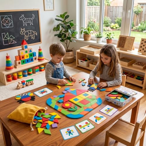 LovesTown 245 PCS Wooden Pattern Blocks Bundle, Geometric Shape Puzzles with Activity Cards for Kids, Montessori Educational Tangram Set with Storage Bag and Tin Box for Preschool Learning
