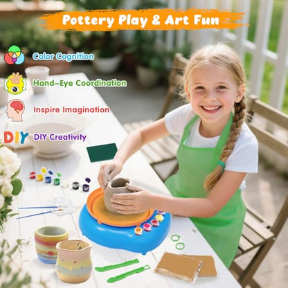 Pottery Wheel for Kids with Air Dry Clay Kit, 12 Paints & Tools, Ages 6-12 - color: yellow/blue