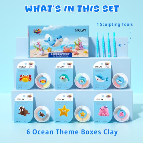 Air Dry Clay for Kids - 6 Ocean Themed Modeling Clay Kit, Model Magic Clay with Sculpting Tools and Tutorials, Ultra Light & Soft, Non-Toxic & Safe, DIY Arts and Crafts School Projects for Kids - color: Ocean
