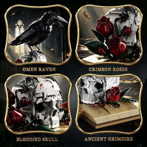 Gothic Raven & Skull Building Set for Adults, 1358PCS Animals Goth Horror Collection Kits Features Crow, Skull, Roses and Book, Compatible with Lego Raven, Birthday Gifts for Girlfriend/Wife/Mom - style: Raven Flower