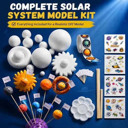 Solar System Project Kit, DIY Solar System Model Kit with Foam Balls, Planet Stickers & Sticks, Space Science Craft Kit for School Projects & Educational Learning