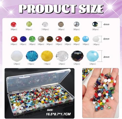 1000 Pcs Rondelle Faceted Glass Beads Crystal Glass Beads for Jewelry Making 4/6/8mm Faceted Briolette Rondelle Bead with Container for Earrings,Necklaces,DIY Beading Projects (Mix) - color: mix