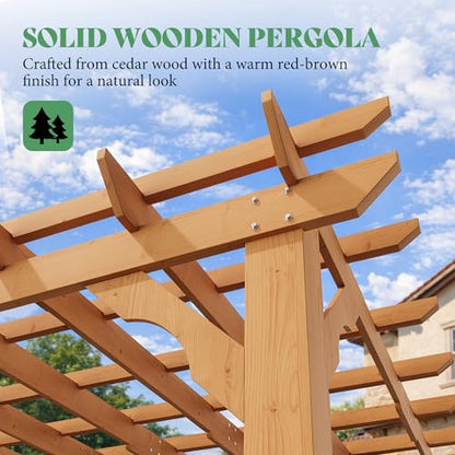 AMERLIFE 12x20 FT Outdoor Wooden Pergola, Large Solid Cedar Wood Gazebo Kit with Slatted Roof Design, Heavy-Duty Frame for Backyard, Patio & Garden, Red-Brown Finish - size: 12x20 FT