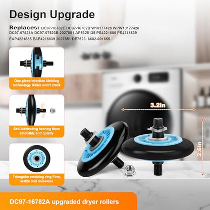 Upgraded Samsung Dryer Parts Dryer Repair Kit for DC97-16782A Samsung Dryer Roller Replacement Kit, DC93-00634A Dryer Idler Pulley, 6602-001655/5ph2337 Dryer Belt, Replacement for DV40J3000EW/A2 Parts