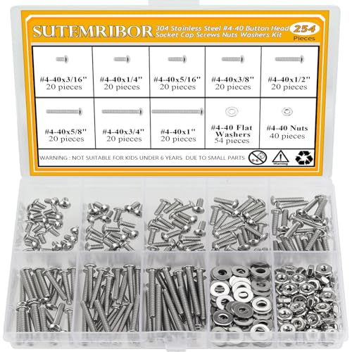 254 Pieces #4-40 x 3/16", 1/4", 5/16", 3/8", 1/2", 5/8", 3/4", 1", Button Head Socket Cap Screws Nuts Washers Assortment Kit - size: #4-40, style: Button Head Socket Cap