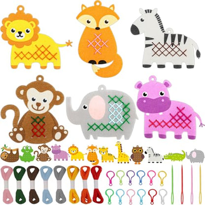 Cross Embroidery Kit for Kids Beginner 12 Jungle Animals Felt Keyrings Needlepoint Embroidery Starter Set with Jumbo Plastic Needles Pre-Printed Patterns for DIY Arts & Crafts Gift Safari Party Favor