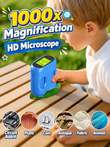 Kids Digital Microscope with Telescope, Ashfly 1000X Handheld Microscope with Screen Photo & Video, STEM Educational Toys for Kids Ages 4-12, Gift for Boys & Girls, Exploration Everywhere, Blue - color: Blue