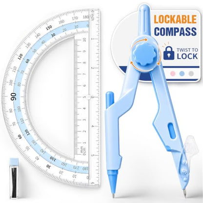 Sooez Lockable Compass and Protractor Set, Metal Compass Drawing Tool - color: Blue
