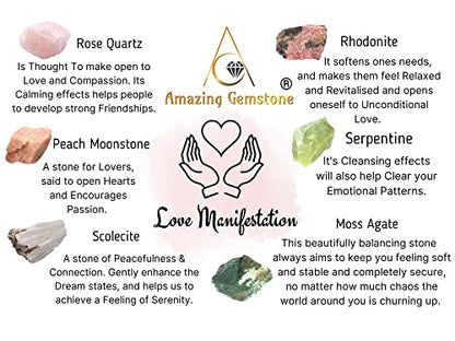 Amazing Gemstone Crystals for Love Manifestation, Set of 6 Rose Quartz, Rhodonite, Peach Moonstone, Serpentine, Scolecite and Moss Agate Healing Crystals and Stones - color: Love Manifestation Crystals