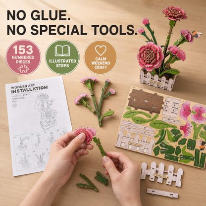 Evankin 3D Wooden Carnation Puzzle Kit, DIY Bouquet Model - color: Carnation