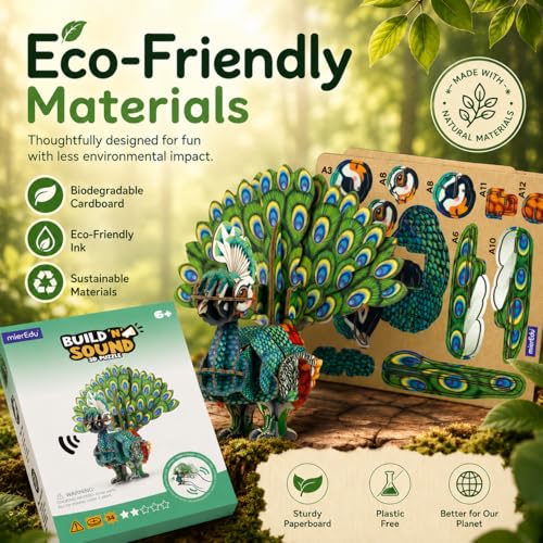MierEdu Build 'N' Sound 3D Puzzle for Kids, Animal Puzzle with Sound Module, Educational STEM Craft Kit, FSC Paper Model Building Toy Gift for Ages 6+ - color: Peacock