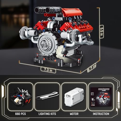 OWNONE 1 V8 Engine Model Kit that Work - 8-Cylinder Visible Engine Building Blocks Set with Motor, LED Light & APP Control - Build Your Own Engineering Kit, STEM Project for Adults & Kids (660 PCS) - color: Red