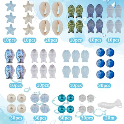SUNNYCLUE 1 Box 251Pcs Fish Glass Beads Starfish Beads Bulk Natural Seashell Beads Summer Ocean Sea Animal Beading Double Sided Small Fish Starfish Beaded 8mm Round Beads for Jewelry Making Kits - color: Boho Styles Beads Kit-6