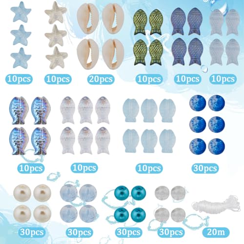 SUNNYCLUE 1 Box 251Pcs Fish Glass Beads Starfish Beads Bulk Natural Seashell Beads Summer Ocean Sea Animal Beading Double Sided Small Fish Starfish Beaded 8mm Round Beads for Jewelry Making Kits - color: Boho Styles Beads Kit-6