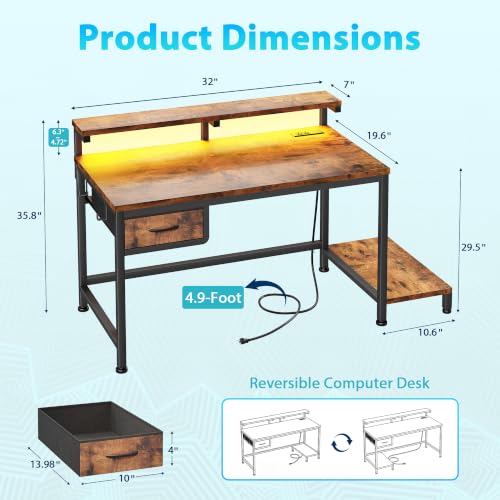 DurayLoly 32" Office Desk with Power Outlet & Fabric Drawer,Rustic Brown - color: Rustic Brown, size: 32 IN