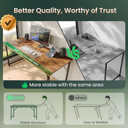 Huuger Computer Desk, 55 Inch Home Office Desk, Gaming Writing Work from Home Study Desk, Large Legroom, Sturdy Metal Frame, Modern Simple, Rustic Brown - color: Rustic Brown, size: 54inch