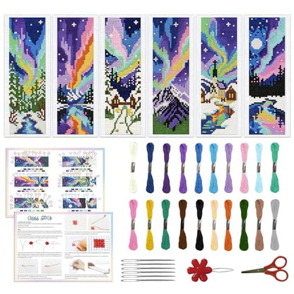 ACRNIGHEET 6PCS Cross Stitch Bookmark Kits for Beginners Colorful Aurora - style: Landscape Patterns 6