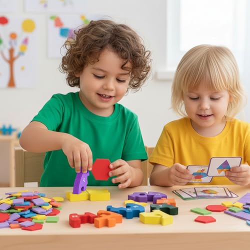 Montessori Pattern Blocks & Alphabet Puzzle Set, 209 PCS Wooden Shapes with Cards + A–Z Snake ABC Jigsaw, Educational Learning Toys for Toddlers